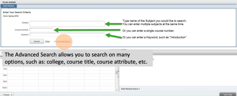 The advanced search allows you to search by college, course title, course attribute, etc.